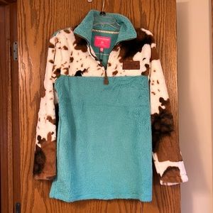 New Southern Fried Chics 1/4 Zip Aqua Cow Print Fleece XS